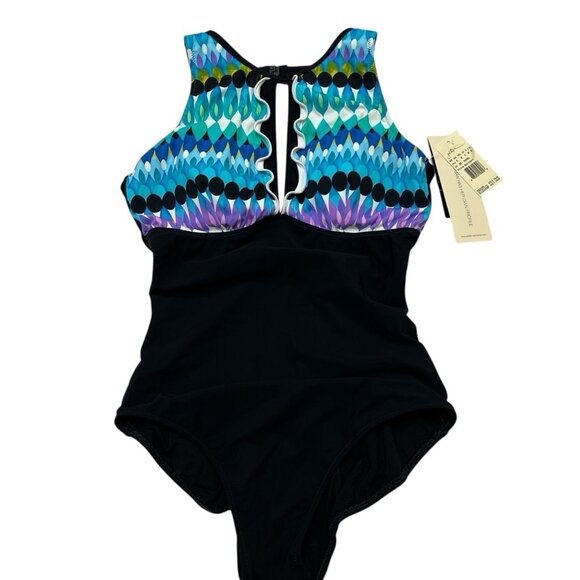 Profile by Gottex Swimsuit Womens 10 Moroccan Escape‎ V Neck Black Geo One Piece - Picture 1 of 9